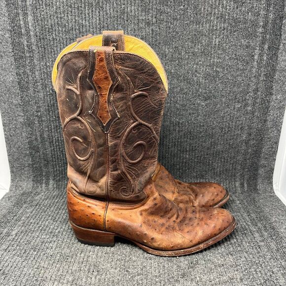 Cavenders Ostrich Print Western Cowboy Boots Brown Leather Round Toe Mens 11.5 D - Picture 1 of 8